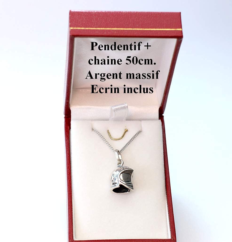 Pendentif casque de pompier en Argent massif 925 avec chaine 50cm et boite ecrin