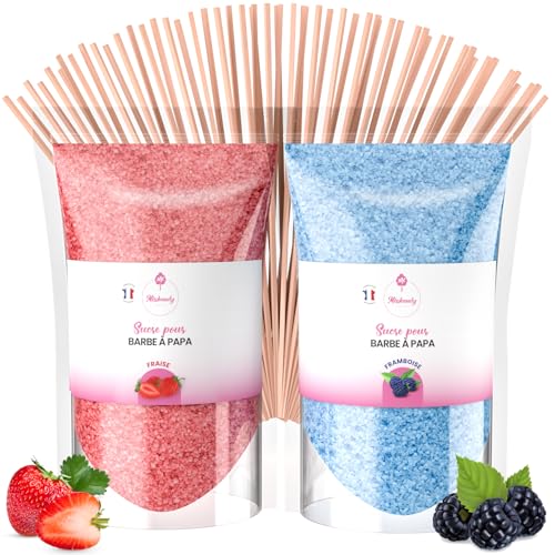 Misskandy®-Sucre Barbe à Papa pour machine- Lot de 2 * 160GR (Fraise- Framboise) / poudre barbapapa+ 10 Bâtonnets offerts - MADE IN FRANCE