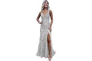 Women's V-Neck Mermaid Shimmering Rhinestone Prom Dress with Dazzling Slit