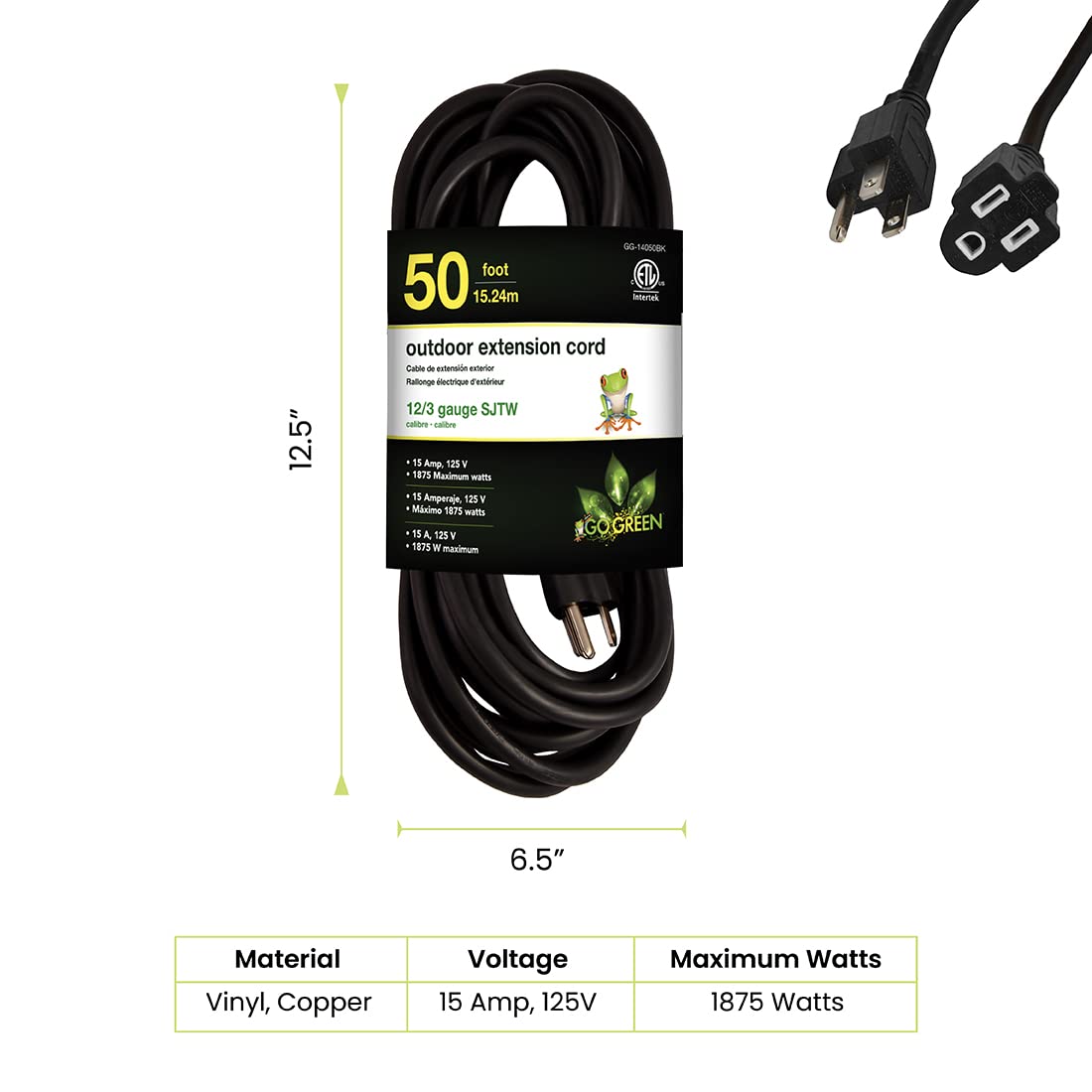 Go Green Power Inc. (GG-14050BK) 12/3 SJTW Cable de extensión para Exteriores, Color Negro, 50 pies