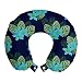 ABAKUHAUS Tropical Cojín de Viaje para Soporte de Cuello, Blooming Flores y Hojas, de Espuma con Memoria y Funda Estampada, 30x30 cm, Indigo y Multicolor