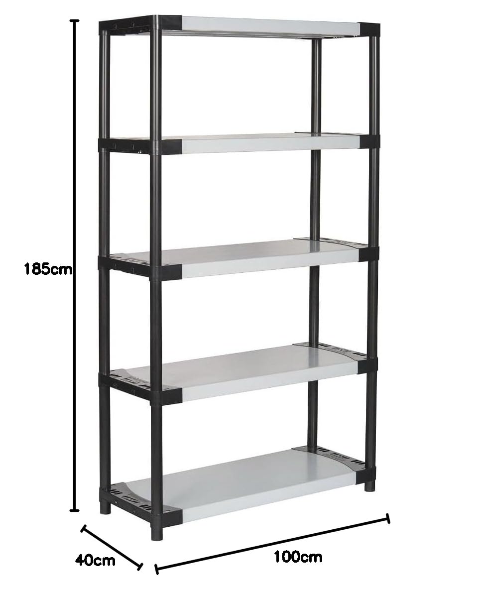 Bayersystem SMARTPLAST 1000 - Scaffale in plastica con 5 ripiani, 185 x 100 x 40 cm, fino a 350 kg, per carichi pesanti, cantina, officina, in plastica, colore: grigio/nero