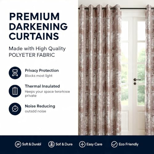 Image of HUTI Home Room Darkening Door Curtain for Home | Heavy Polyester Knitted Jacquard Look Eyelet Curtain | Texture Print | Rose Gold | 7 Feet (120 x 213 cm) | Set of 2