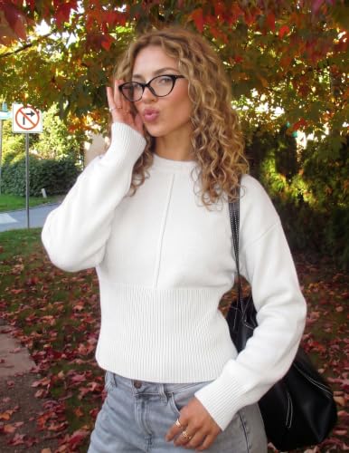 Image of ZESICA Women's Fall Sweaters Crewneck Cinched Waist Pullover Tops