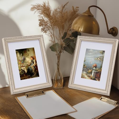 Image of eletecpro 8x10 Vintage Picture Frame, Glass Cover, Silver Beige, 2-Pack | Display Photo 5x7 with Mat or 8x10 without, Horizontal or Vertical, Tabletop or Wall Decor