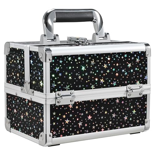 Joligrace Makeup Train Case Makeup Case Organizer Portable Cosmetic Box Storage with 2 Trays Mirror Locking Make Up Travel Case for Nail Kits Cosmetics Craft Traveling Makeup Box Mermaid Pink