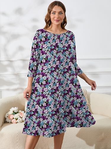 Image of AusLook Women's Plus Midi Dresses Crew Neck A Line 3 /4 Sleeves Casual Elegant Loose Wedding Vacation Dress with Pockets