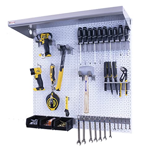 OmniWall 2 Panel Metal Pegboard Wall Storage Kit 32" x 32" Organization System (White/Silver)