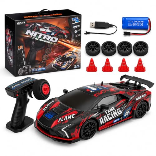 Image of RC Drift Car 1:16 Scale, 25KM /H High-Speed Remote Control Car, 2.4GHz Drift with Sparkling Racing Vehicle with LED Lights, Replaceable Drift Tyres, Spare Wheels & Cones (Nitro)