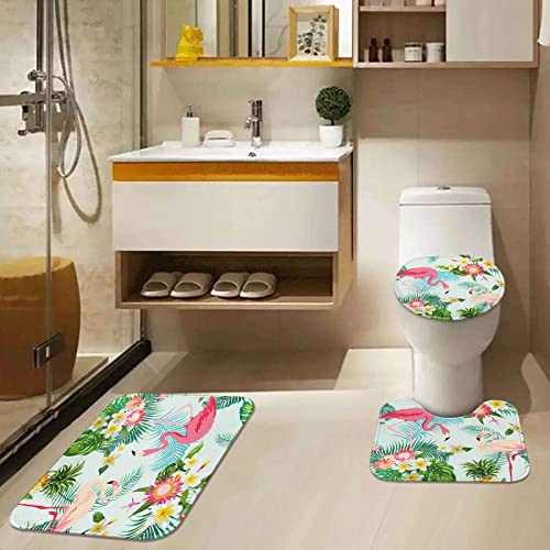 Tayney Tropical Flamingo Shower Curtain Sets With Toilet Lid Cover And Non-Slip Rugs, Hawaii Palm Botanical 4 Pcs Summer Flowers Shower Curtain For Bathroom Set With 12 Hooks #TOP2