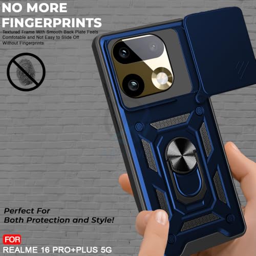 Image of AESTMO Tough Armor Realme 16 Pro Plus 5G Bumper Back Case Cover | Ring Holder & Sliding Camera Shield Cover | 360 Degree Protection Back Case Cover for Realme 16 Pro Plus 5G (Blue)