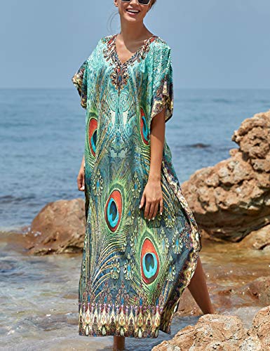 Bsubseach saída de praia feminina casual estilo caftan vestido de manga curta, Peacock Feather, One