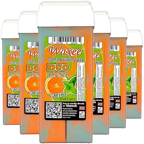 Cartuccia di cera roll-on da 100 ml, 6 ricariche di cera Waxee DUO (arancione e menta)