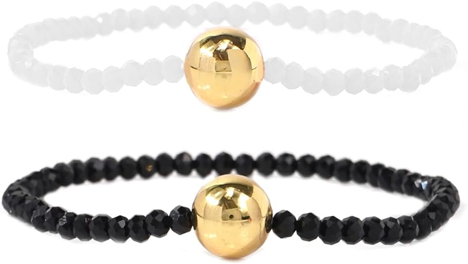2PCS/set White Black Crystal Beaded Elastic Bracelet for women,Dainty Gold Plated Bracelets Charm Beads Handmade Fashion Jewelry Gifts
