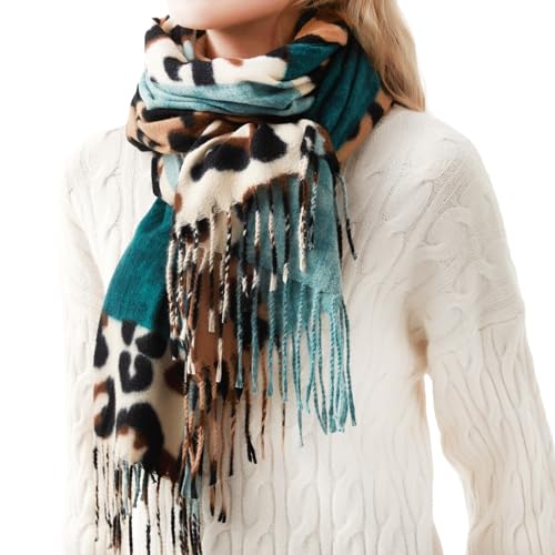 Soudittur Schal Damen Winter Leoparden Muster Pashmina Schals und Tücher mit Fransen Lange Winterschal Warmer Oversized XXL Schal (Grün)