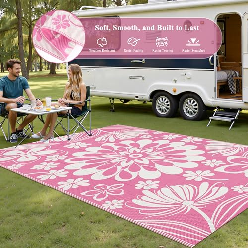 Ileading Outdoor Patio Rug, Pink Floral Reversible Outdoor Rug, Waterproof Plastic Straw Mat, Portable Outside Deck Area Rug, Camping RV Carpet for Porch Balcony (5×8 ft) - Image 5