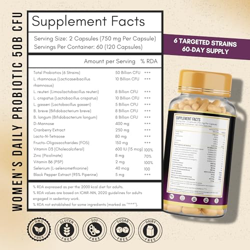 Image of Women's Probiotic 50 Billion CFU | Vaginal, Urinary Microbiome & Gut Health Support | 6 Strains Probiotic for Women with D-Mannose + Cranberry + LNT Prebiotic | 120 Capsules (60-Days)