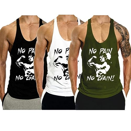 GYMLEADER Men's Tank Top 3 Pack Workout Gym Muscle Shirt Y-Back Fitness Bodybuilding Stringer Sleeveless Summer Training Running T-Shirts- Black+White+Green-M