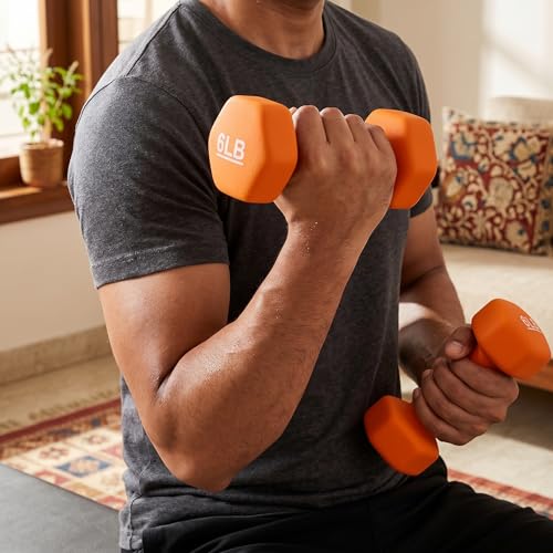 Image of KAKSS Neoprene Dumbbell Set of 2 (6 lb / 2.7 Kg Each), Orange Hex Dumbbells with Cast Iron Core and Non-Slip Coated Grip, Hand Weights for Home Workout Equipment and Gym Dumbbell for Women and Men