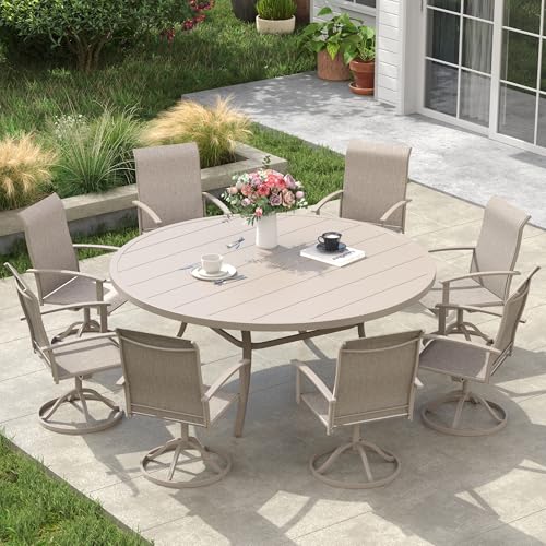Image of VICLLAX 60 inch Round Patio Table, Outdoor Dining Table for 8-10 with Umbrella Hole for Garden Lawn Deck Backyard, Sandshell