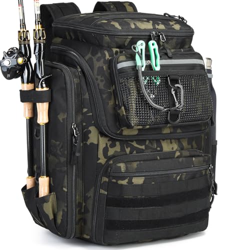 BlesMaller Sac à Dos de Pêche avec Porte-Canne 45L Large Résistant à l'eau Sac de Rangement pour Accessoires de Pêche pour la Randonnée, Camping, Trekking, Sport de Plein Air (Type A - sans Boîte)