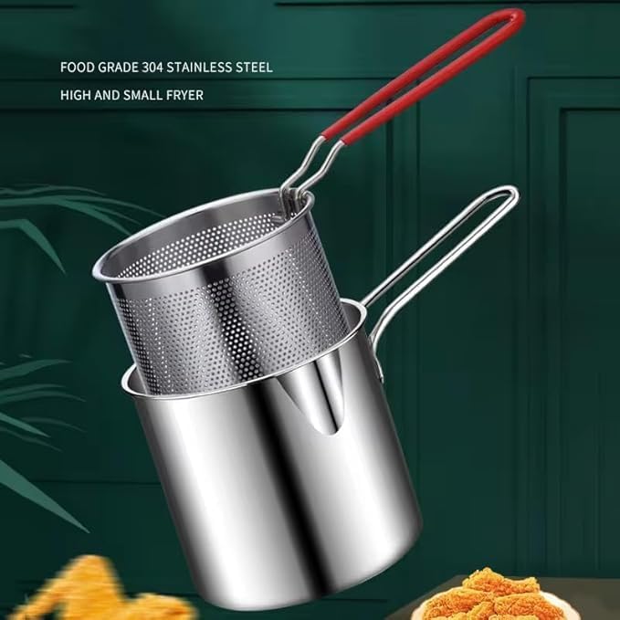 Image of Small Deep Frying Pot with Strainer Basket | 1200ml Stainless Steel Pan with Handle | Ideal for Frying French Fries /Chicken Wings /Shrimp /Fish /Boiling Butter /Sauce /Gravies /Pasta- (1)