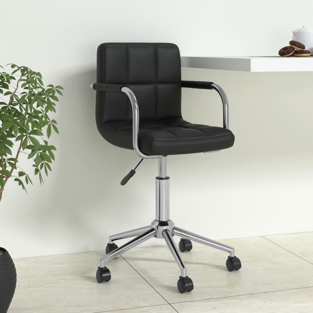 Silla de oficina giratoria de piel sintética negra acolchada con estructura de acero cromado y muelle de gas para mayor comodidad y rotación de 360 grados, ergonómica