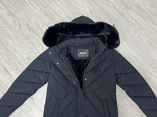 GOLDLADIES Long Winter Puffer Coat, Black Quilted Down Jacket with Faux Fur Hood3
