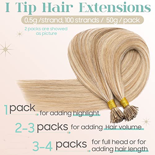 Pre Bonded I Tip Human Hair Extension For Women Fusion Stick Tip Remy Human Hair Piece Invisible Keratin Glue Full Head 100 Strands 50 Gram 16Inch #12P613 Golden Brown&Bleach Blonde #TOP4