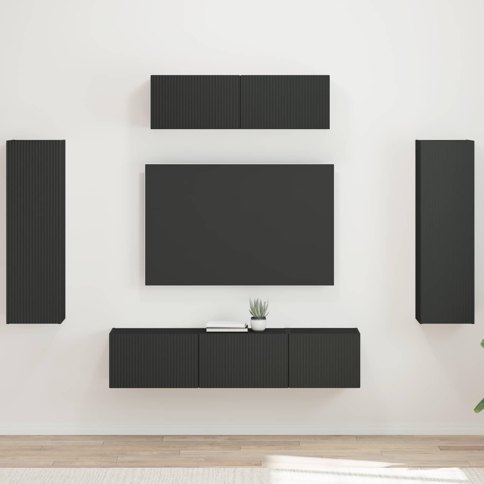 Mobile TV nero da parete, 5 pezzi, con vano portaoggetti, ripiani, cassetti e copertina, mobili multimediali moderni per soggiorno, camera da letto, home theater, console di gioco, soundbar