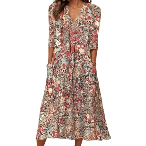 Akivide Womens Summer Boho V Neck Floral Print Half Sleeve Dress Casual Button Midi Dresses for Women with Pockets 2024