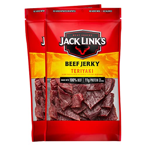 Jack Link's Beef Jerky, Teriyaki – Flavorful Everyday Snack, 10g of Protein and 80 Calories, Made with 100% Beef, Soy, Ginger and Onion – 96% Fat Free, No Added MSG** – 9 Oz. (Pack of 2)