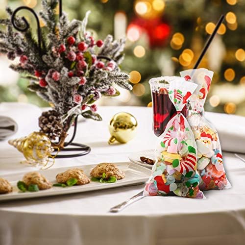 VEYLIN Christmas Cellophane Treat Bags, 150 Pack Clear Sweet Bags with 180 Twist Tie for Xmas Party Supplies, 3 Styles