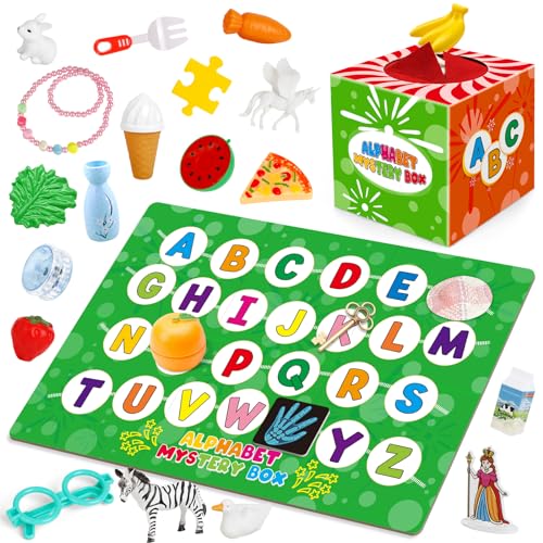 Kasfalci Alphabet Mystery Box for Kids 26 PCS ABC Learning Toys Letters Sorting Matching Games for Toddlers Letter Sounds Speech Therapy Fine Motor Toys for Preschool Kindergarten Classroom