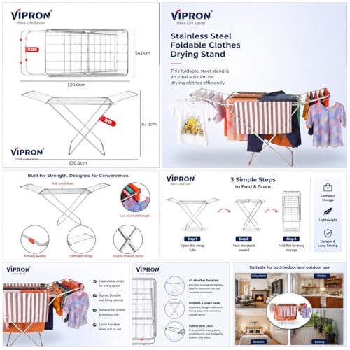 Image of Stainless Steel Foldable Clothes Drying Stand Double Rack | Heavy Duty Laundry Dryer Stand | Rust Proof Indoor Outdoor Cloth Drying Rack | Space Saving Design | 120x54x4 cm
