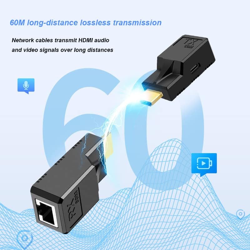 Image of HDMI to RJ45 60M Extender 1080P HDMl to RJ45 Cable Extendr Converter with Type-C Charging Cable for Computers, Laptops, Set-Top Boxes, TVS, Projectors, etc (60M HDMI Extender Connector)