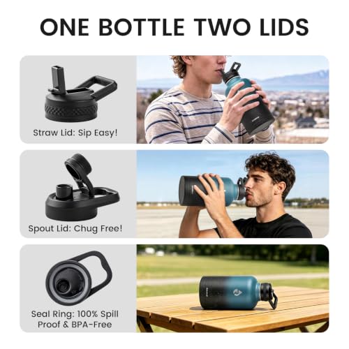 Image of RAYMYLO Insulated Water Bottle 64 oz, Triple Wall Vacuum Stainless Steel (Cold for 48 Hrs), Leak Proof & Non-BPA, Half Gallon Water Flask Jug with Paracord Handle & Straw Spout Lids