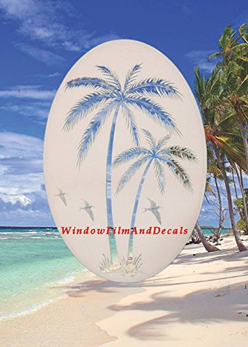 Oval Leaning Palm Trees Etched Window Decal Vinyl Glass Cling - 8" X 12" - White With Clear Design Elements #TOP5