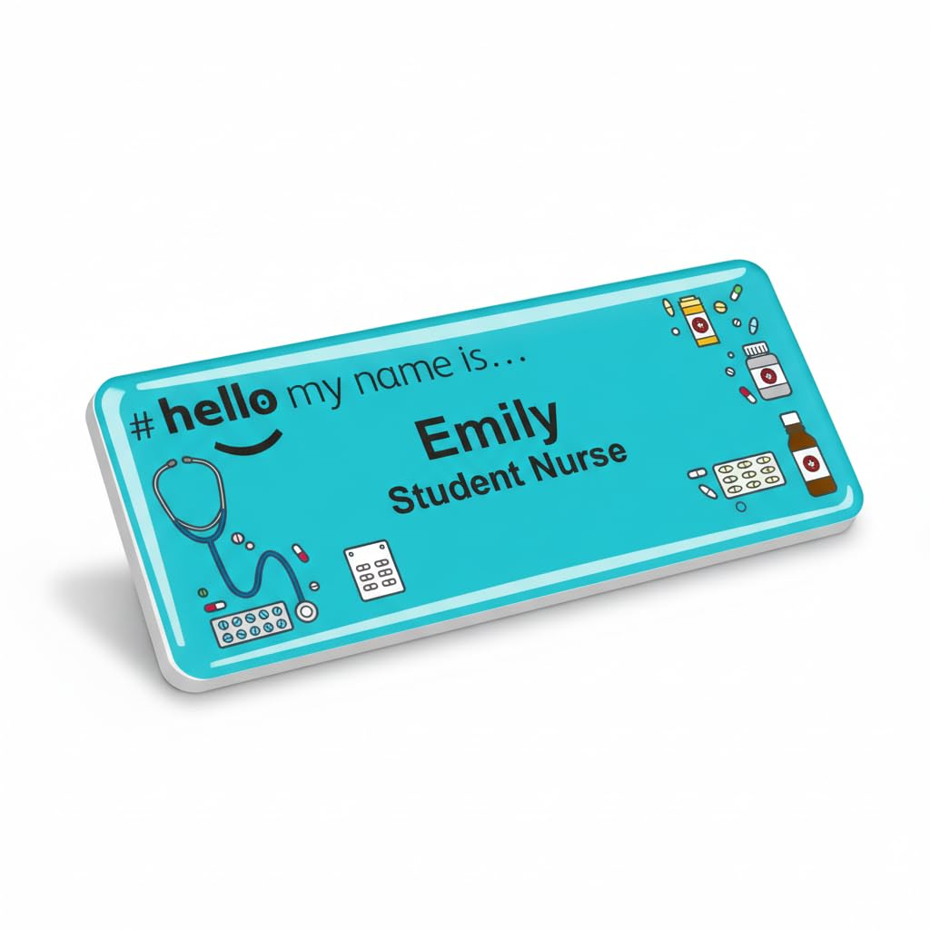 Badgemaster Hello My Name is Logo Teal Tablet Design Badge Premium Domed White White 76 x 32mm Doctor Student Nurse Clinical Practitioner Healthcare Assistant Medical Staff GP