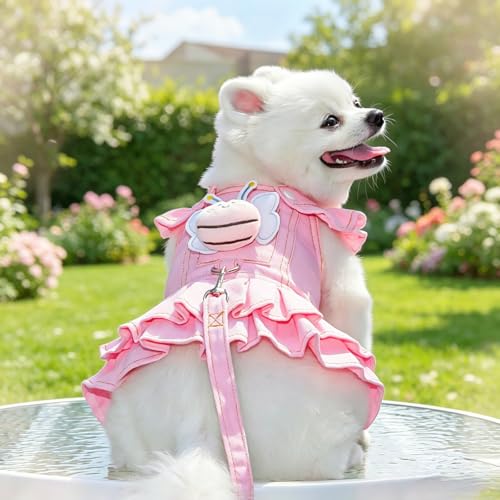 Layheld Cat Puppy Costume Cute Jelly Denim Dress with Leash Bee Plush Puff Sleeves Snap Closure Breathable Mesh Cute Pet Outfits Party Wear Photoshoot for Kitten Small Dog (Pink,XX-Large)
