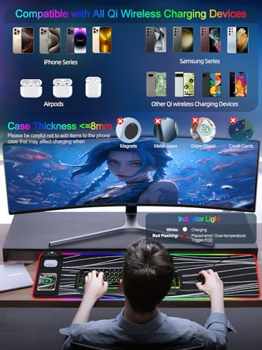 Image of XXL Mouse Pad with Phone Holder - Black, RGB Desk Mat with 15W Fast Charging, LED Gaming Mousepad with 11 Light Colors, Waterproof Non-Slip Pad for Office & Home (Wave)