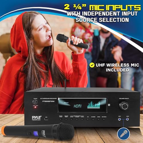 Pyle Wireless BT Streaming Home Theater Receiver - 5.2-Ch Surround Sound Stereo Amplifier System w/ 4K Ultra HD Support, MP3/USB/AM/FM Radio (1000 Watt MAX), w/ 2CH UHF Wireless Microphone - Image 5