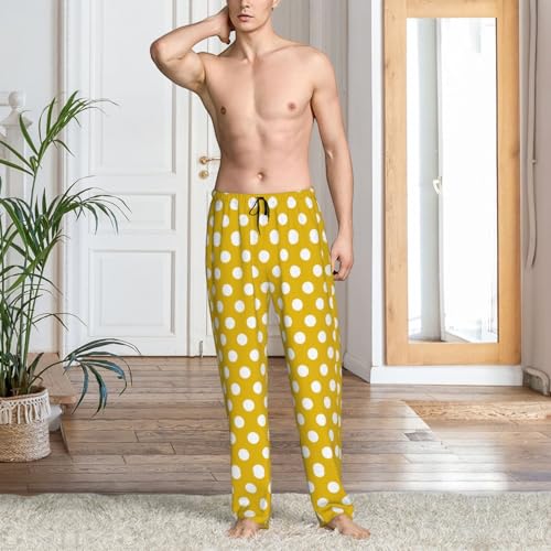 Mens Pajama Pants - Golden Yellow Polka Dot Print Soft Sleep Lounge Pants For Men, Casual Pj Bottoms With Pockets2