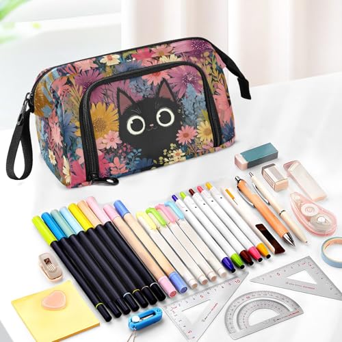 Image of Cute Cat Big Capacity Pencil Pen Case Large Pencil Pouch | Portable Multi Compartment Zipper Pencil Bags Stationery Storage for Men Women College Office