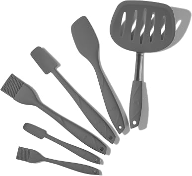 Kitchen Mama WaltzGrip Silicone Utensil Set 6-Piece Spatula, Basting Brushes, and Pancake Turner for Nonstick Cookware - Heat-Resistant, Dishwasher-Safe, Perfect for Baking Metal Gray