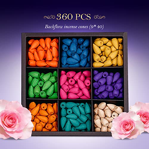 Otofy 360 Pcs Backflow Incense Cones 9 Mixed Natural Scents 100% Natural Scents Waterfall Incense Rose Tulip Jasmine Lavender Rose For Backflow Incense Holder -Fits All Backflow Incense Burners #TOP1