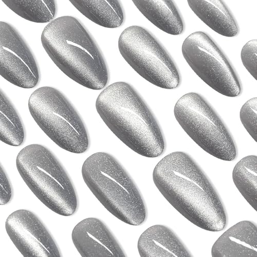 Image of Secret Lives Cats Eye Reusable Artificial Grey Color Almond Shape Design Long Lasting Fake Press on Nails 24 Pieces Set with Kit