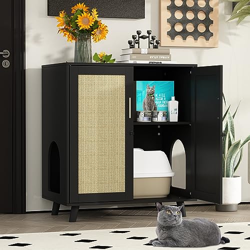 MOOLIVE Cat Litter Box Enclosure, Hidden Cat Litterbox Furniture with Storage, Wooden Cat House with Adjustable Shelf and Cat Scratcher Mats, Cat Washroom for Bedroom, Living Room, Black