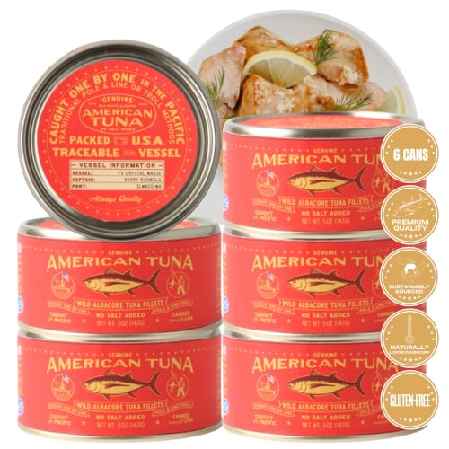 Genuine American Tuna - Premium Wild Pacific Albacore Tuna Fillets - No Salt | (6) 5 oz Cans | Canned in the US, Supporting US fishermen | Gluten Free, High Protein, Omega 3s | Hand-Packed in the U.S.A.
