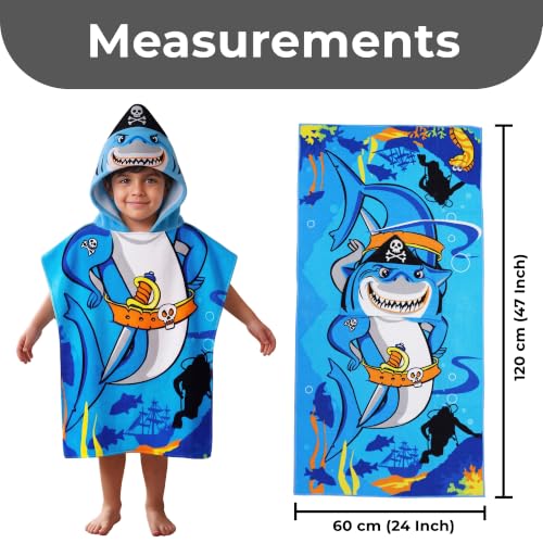 Image of Kids Poncho Towel 120x60 CM, Shark Pirate, Aqua Blue